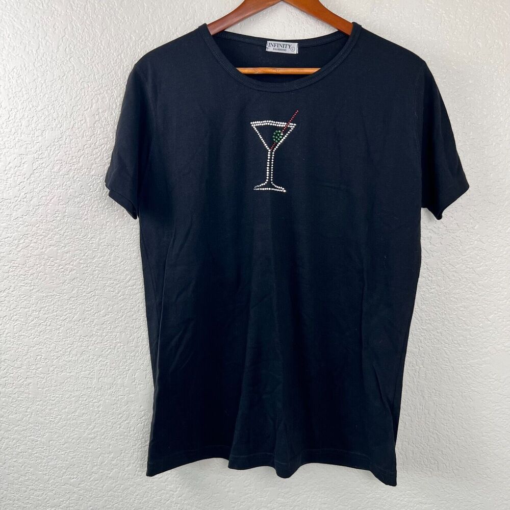 Womens Martini Olive Cocktail Jeweled Rhinestone Black Short Sleeve T Shirt L